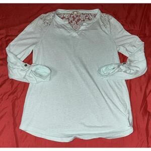 Womens Sz S Blue Viscose Lace Roll Tab Button Sleeves Boho Top Casual Shirt